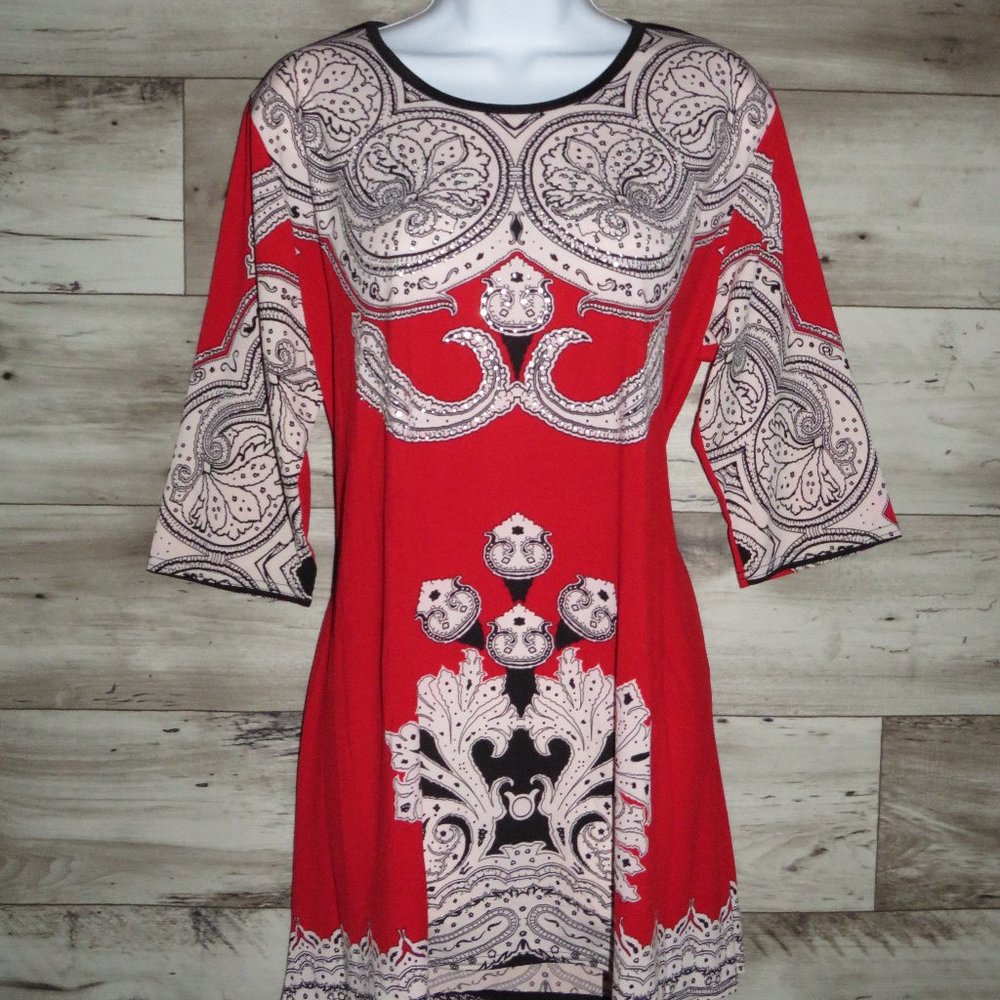 Ella Samani* Women's 3/4 Sleeve Boat Neck Curved Hem BOHO Design Blouse~ Size XL
